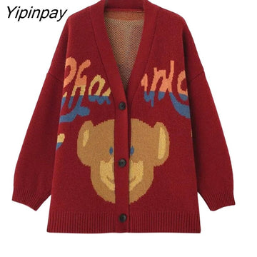 Yipinpay 2023 Winter Christmas Party Bear Embroidery Red Knitted Cardigan Women Sweet Button Ladies Sweater Coat Female Clothing